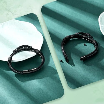 Urn Bracelet for Ashes With Leather Cremation Bracelet Stainless Steel Keepsake Cuff Bangle for Men Gifts With Funnel Kit & Bag - color: Black-22cm
