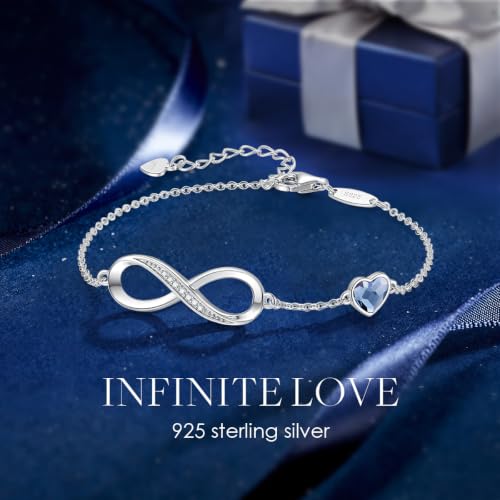 CDE 925 Sterling Silver Infinity Birthstone Bracelet Jewelry Gift for Women | Hypoallergenic,Non Tarnish,Heart CZ,Nickel-Free & Lead-Free,Anniversary Christmas Birthday Idea Gifts for Wife Girlfriend Her - color: Crystal-Blue