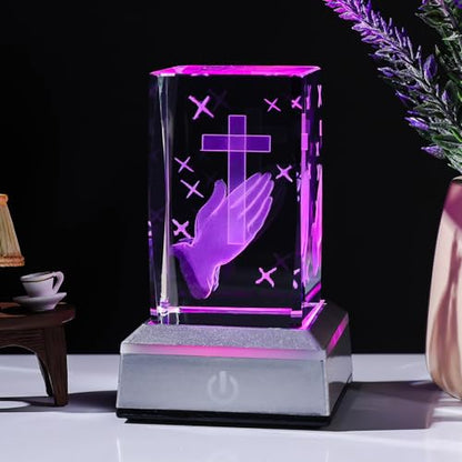 LONGWIN 3D Crystal Praying Hands Christian Religious Gifts for Women Men, Glass Laser Engrave Jesus Cross Figurine Cube Multicolor Led Night Light - style: Praying Hand