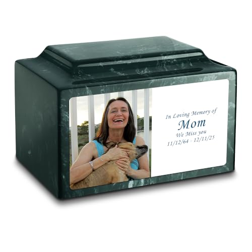 GetUrns – Legacy Cultured Marble Urn by Mackenzie, Adult Size Cremation Urns, Custom UV Printed Burial Urn for Ashes, 210 Cubic Inch Cemetery Urns for Ashes, Photo, Evergreen - color: Evergreen