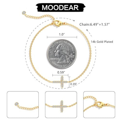 Moodear Cross Bracelet for Women, Dainty Sterling Silver/Gold Plated Gift | Christian Religious Gifts for Teen, Stocking Stuffers, Adjustable Link Bracelets, Sparkling CZ Cross, Non Tarnish Jewelry - color: CZ Gold Cross Bracelet