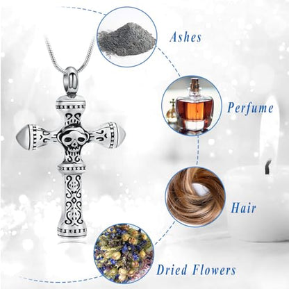 Skull Cross Cremation Jewelry Retro Skull Urn Necklaces for Ashe Stainless Steel Memorial locket Keepsakes Jewelry Human Ash Pendant Jewelry for Men Women - color: Silver