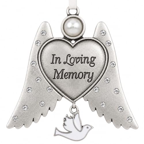 Sympathy Angel Wings Ornament - in Loving Memory Christmas Ornament - White Dove Memorial Decoration with Engraved Heart - Bereavement Gift for Loss of Loved One - Hanging Keepsake - 3" H x 2.75" W