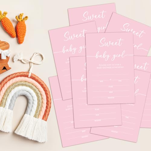 Sweet Baby Baby Shower Invitations for Girls, Pink Minimalism Invite Cards for Baby Announcement, 25 Set of Fill-in Invites with Envelopes, Gender Reveal Party Supplies -B16 - color: Pink-Oh Baby