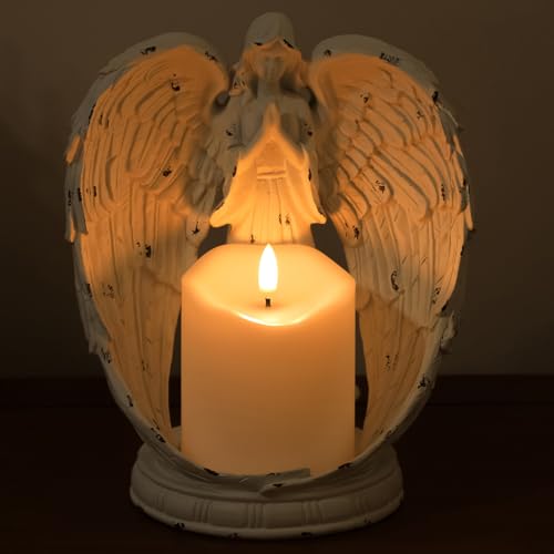 Memorial Angel Candle Holder, 8.5 Inch Sympathy Gift | Bereavement Gift, 4 Inch LED Candle, 6H Timer, Polyresin Angel Decor, for Loss of Loved One