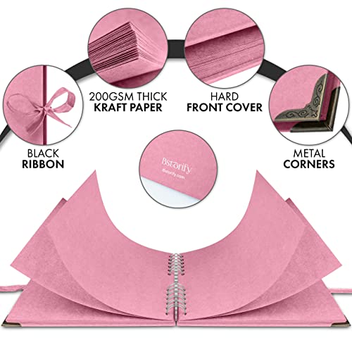 Bstorify Square Scrapbook Photo Albums 8 x 8 Inch Pink Thick Paper, Hardcover, Metal Corners, Ribbon Closure - Ideal for Your Scrapbooking Albums, Art & Craft Projects | Hardcover with Thick 200 GSM Kraft Paper, Ideal for Your Scrapbooking Albums, Art & C