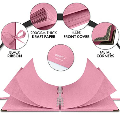 Bstorify Square Scrapbook Photo Albums 8 x 8 Inch Pink Thick Paper, Hardcover, Metal Corners, Ribbon Closure - Ideal for Your Scrapbooking Albums, Art & Craft Projects | Hardcover with Thick 200 GSM Kraft Paper, Ideal for Your Scrapbooking Albums, Art & C