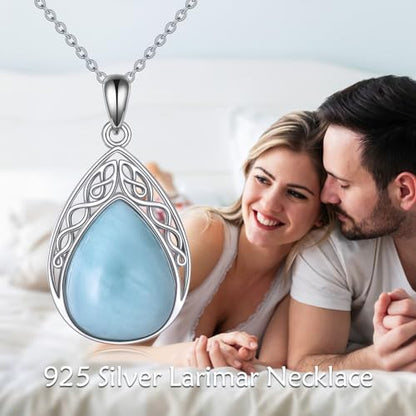 CRMAD Larimar/Opal/Lapis Lazuli/Tourmaline/Malachite/Labradorite/Turquoise/Onyx/Rose Quartz/Amber/Peridot Necklace for Women 925 Sterling Silver Teardrop Pendant Jewelry Gifts - color: larimar