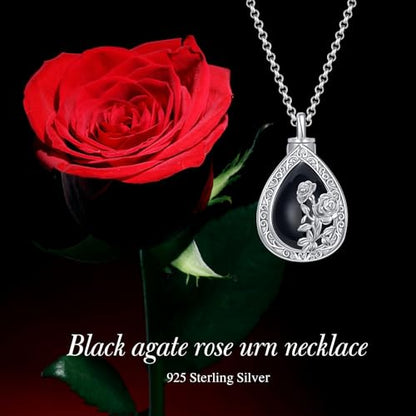 Rose & Daisy Urn Necklace - Sterling Silver Cremation Keepsake Memorial Jewelry - style: Rose Urn Necklace-Black Onyx