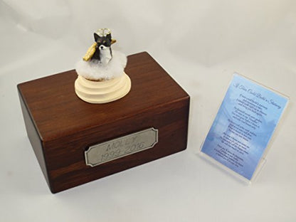 Beautiful Paulownia Small Wooden Urn with Black & White Chihuahua Stairway to Heaven Figurine with Poem & Personalized Pewter Engraving - color: Black and White Chihuahua Angel "If Tears Could Build a Stairway"