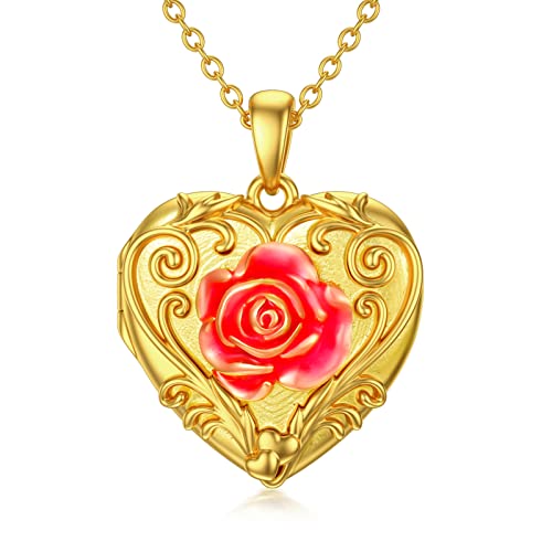SOULMEET Sunflower/Rose/Daisy Heart Locket Necklace That Holds Pictures Keep Someone Near to You Sterling Silver/Gold Personalized Photo Locket Gift - style: A4-Gold enamel rose locket only