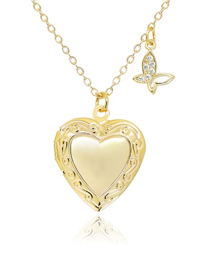Heart Locket and Butterfly Pendant Necklace for Women Girls • 14K Gold Plated Photo Lockets that Hold Picture Jewelry • Mothers Day Love Gifts Ideas [HN-LK] - color: Gold, style: Jewelry Box