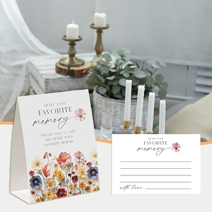 Share A Memory Sign and Cards, Funeral Memorial Card, Wildflower Share A Memory Set for Celebration of Life, Birthday Party, Funeral, Graduation,Bridal Shower, Wedding, Keepsake Cards -SAM07