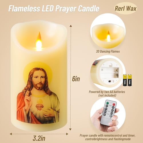 LED Prayer Flameless Candles with Remote Timer, Battery Powered Candle, Religious Candle 6" x 3.2" （Jesus Red ） - style: Jesus Christ Sacred Heart(RED）