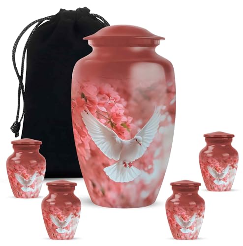 Yatskia Cherry Blossoms Dove Large Memorial Urns for Adult Ashes Mom and Dad, Small Urn for Human Ashes Keepsake, (Classic 10 Inch and 3 Inch) - color: #3 Pink, size: Combo Pack of 5