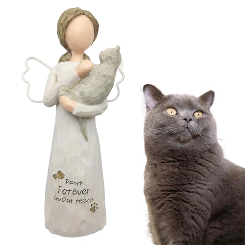 Memorial Gift Resin Angel Figurine for Cat, Grey | Sympathy Gift, Loss of Cat, Memory of Passing Away Pet, For Cat Mom and Lovers - color: Gray