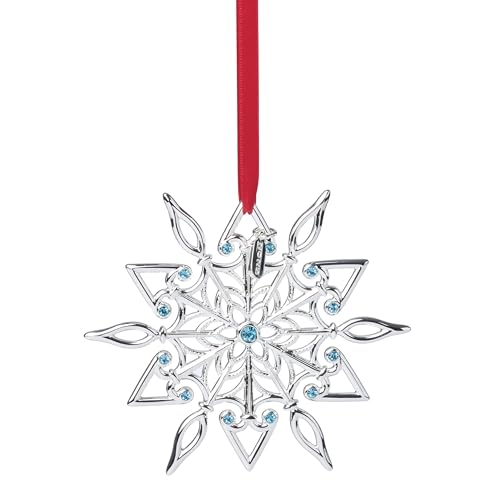 Lenox Ornament, 2025 Snow Majesty Silverplate Ornament, Stainless Steel Christmas Tree Decoration, Snowflake Design, Blue Jeweled Accents, Red Ribbon for Hanging, Christmas Decoration(Silver, 1 Piece) - style: Snow Majesty
