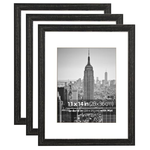 11 x 14 inch or 8 x 10 with Mat Picture Frame Set, Wall Mount Vertically or Horizontally, Plexi Glass Acid Free Mat, Rustic Black Wood Grain Profile, 3 Pack - color: Rustic Black, size: 11 x 14 in 3pk