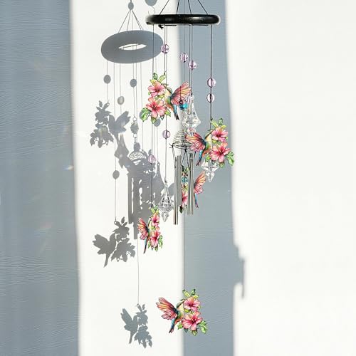 YU FENG Hummingbird Memorial Wind Chime, Crystal Suncatcher Garden Decor | 27 Inch Pink Metal Wind Chime, Hummingbird Design, Sympathy Gift For Women Mom Grandma, Outdoor Hanging Decor - style: Pink Garden – Hummingbird – 27 Inch