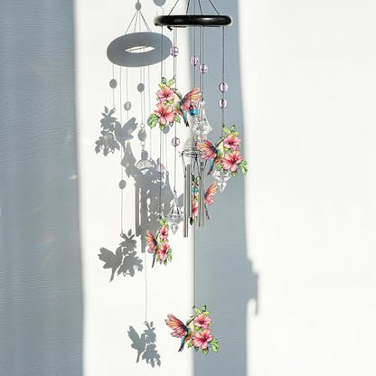 YU FENG Hummingbird Memorial Wind Chime, Crystal Suncatcher Garden Decor | 27 Inch Pink Metal Wind Chime, Hummingbird Design, Sympathy Gift For Women Mom Grandma, Outdoor Hanging Decor - style: Pink Garden – Hummingbird – 27 Inch