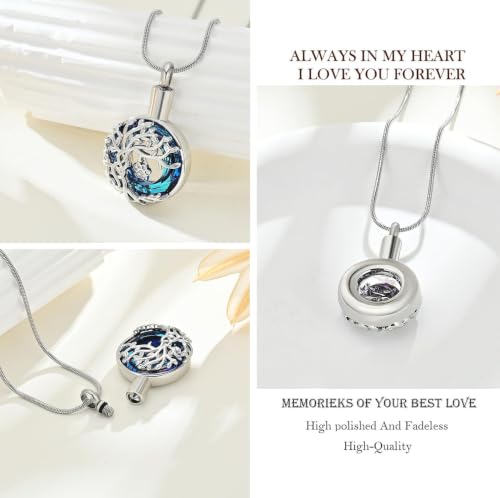 zeqingjw Pet Cremation Jewelry Tree of Life Urn Necklace for Ashes for Dog/Cat Funeral Ashes Keepsake Paw Print Urn Pendant Memorial Jewellery - color: Silver-Blue