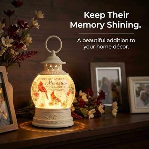 The Bridge Collection - "Memories LED Glitter Lantern with Cardinals and Floral Design - Rememberance Home Accent Light - Bereavement Gift for Lost Loved One
