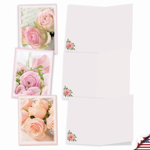 The Best Card Company - 20 Assorted Blank Note Cards Boxed Set 4 x 5.12 Inch with Envelopes (10 Designs, 2 Each) - Pink Roses AM10311OCB-B2x10