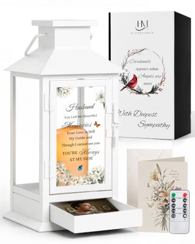 Sympathy Memorial Gifts for Loss of Husband, Memorial Lantern with Drawer for Keepsakes, Condolences Bereavement Gifts for Loss of Husband, White - color: Husband/White