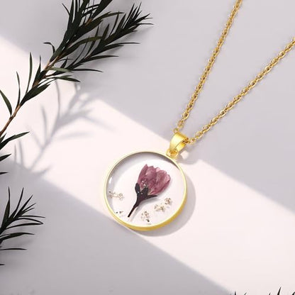 AUNTESIGN Forget-Me-Not and Queen Anne's Lace Pressed Wildflower Necklace | Birth Month Flowers Necklace | Gold/Silver Pressed Flower Jewelry | Mother's Day | Gift For Her - color: Poppy Necklace(August Birth Flower)
