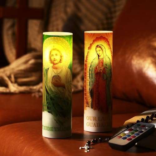 Landhoow 2 Pcs Religious Flameless LED Prayer Candle Real Wax Baptism Candle Set Our Lady of Guadalupe and St. Jude Battery Operated Candles with Remote Control - style: Our Lady of Guadalupe and St. Jude