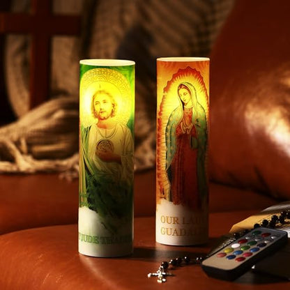 Landhoow 2 Pcs Religious Flameless LED Prayer Candle Real Wax Baptism Candle Set Our Lady of Guadalupe and St. Jude Battery Operated Candles with Remote Control - style: Our Lady of Guadalupe and St. Jude