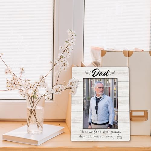 Dad Memorial Picture Frame 5x7, In Loving Memory Photo Frame, Memorial Gifts for Loss of Dad, They Walk Beside us Every Day Sympathy Wooden Picture Photo Frames for Desk Home Room Decor（White）