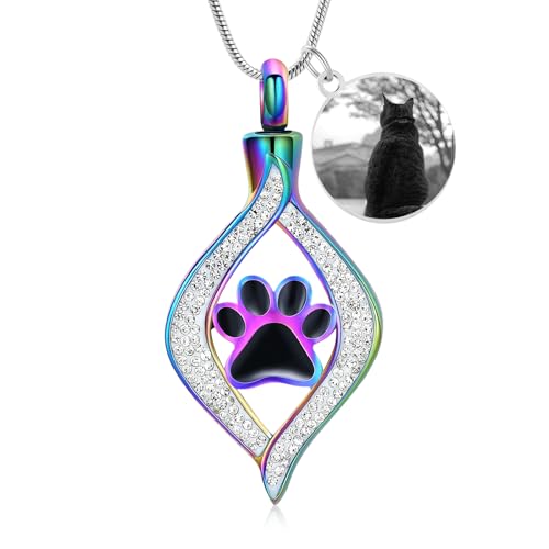 The Eye of My Heart Paw Print Urn Necklace for Ashes | stainless steel cremation jewelry, holds pet human ashes, paw print memorial urn pendant, leak-proof sealed design, unisex - color: Customize-Photo