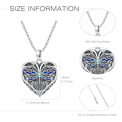 Heart Photo Locket Necklace Sterling Silver for Women | Dragonfly, Butterfly, Turtle, Dog Paw and Mother Daughter Styles, Jewelry Gifts for Mom Christmas Birthday Anniversary. - style: 1-Dragonfly-Blue