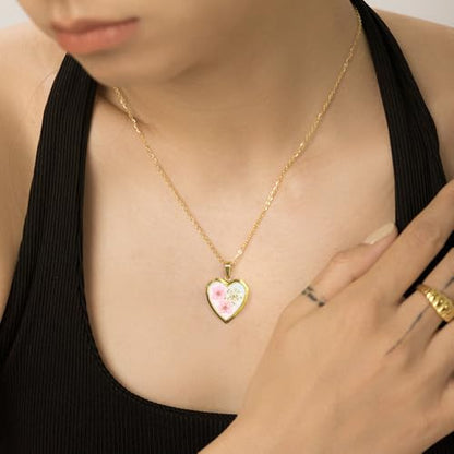 Heart Locket Dried Flower Pendant Necklace Stainless Steel Gold Plated Cute Light Pink Pressed Wildflower Charm Holds Pictures Choker Necklaces Fashion Trendy Jewelry for Her Bff 17.5"