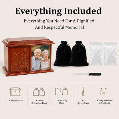 Double Companion Urn for 2 Adults Holds Up to 400 Cubic Inches Wooden Cremation Urn for Human Ashes with 4 x 6 Photo Frame Carved Hummingbird Memorial Urn for Husband Wife Parents