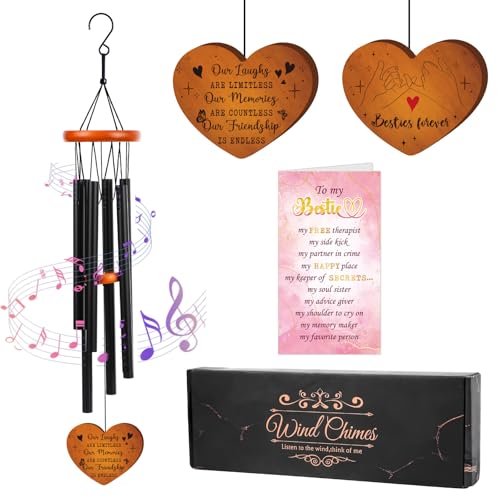 Friendship Gifts Wind Chimes for Outside – Bestie Gifts Engraved Wooden Heart with Gift Box & Card, Birthday Gift for Best Friend Women, Garden Patio Hanging Decor - color: Friendship Gifts Wind Chimes