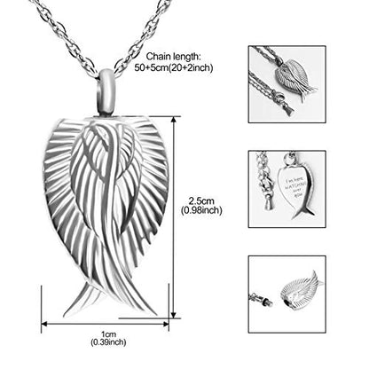 Angel Wing Cremation Necklace for Ashes Stainless Steel Urn Pendant Ashes Holder Memorial Jewelry-I’m Here WATCHING Over You - color: Silver