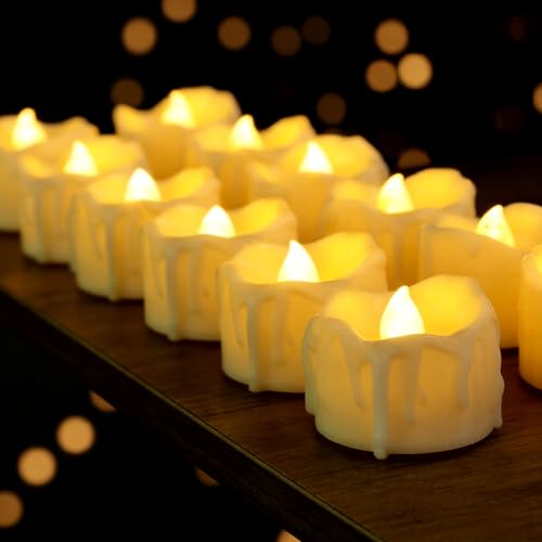 12 Pack Timer Tea Lights Candles Battery Operated, Flameless Flickering LED Timer Votive Tealight, Outdoor Flicker Electric Fake Candles Bulk for Christmas Halloween Pumpkin Light Decorations - color: Dripping Wax Timer Tea Lights