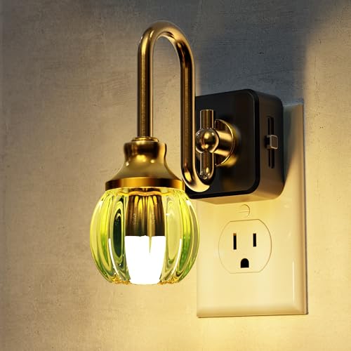 L LOHAS LED Night Lights Plug into Wall, 3000K Soft White | Flower Night Lights with Dusk to Dawn Sensor, 0-100lm Adjustable Brightness, for Hallway Bedroom Stairway - color: Gold Ring-Green Tulip, size: 1 Pack
