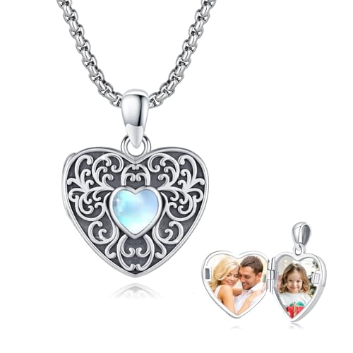 Locket Necklace for Women 925 Sterling Silver Celtic Locket Pendant Necklace Moonstone/Turquoise/Black Agate Heart Shaped Locket Necklace Jewelry Gifts for Women - style: Sunflower Filigree Pattern