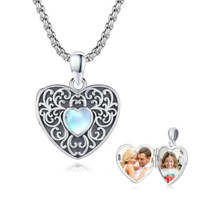 Locket Necklace for Women 925 Sterling Silver Celtic Locket Pendant Necklace Moonstone/Turquoise/Black Agate Heart Shaped Locket Necklace Jewelry Gifts for Women - style: Sunflower Filigree Pattern