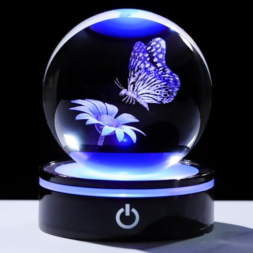 YWHL 3D Crystal Ball Butterfly and Flower Figurine with Colorful LED Base, Laser Butterfly Gifts for Women Men on Christmas Birthday, Crystal Ball Butterfly Decor Night Light for Home Decor (80mm) - color: Butterfly and Flower
