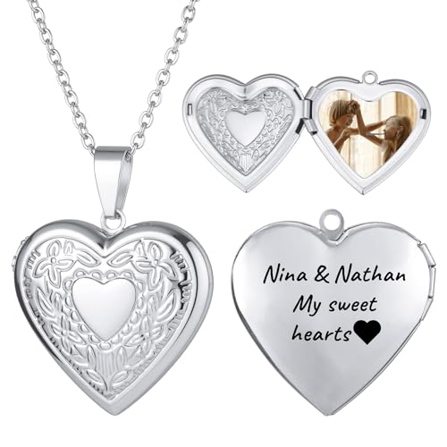 Personalized Heart Locket Necklace for Women with Picture Custom Inside Engraved Text Silver/Gold/Rose Gold Photo Locket Stainless Steel Memorial Gifts for Mom Daughter Grandmother - color: A1: Silver Flower Pattern (Custom)