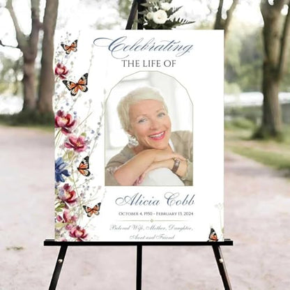 Floral Butterfly Funeral Welcome Sign, Celebration of Life Welcome Sign, in Loving Memory Sign, Celebration of Life Funeral Sign, Celebration of Life Sign, Memorial Sign with Photo #vd123 - color: Version #19