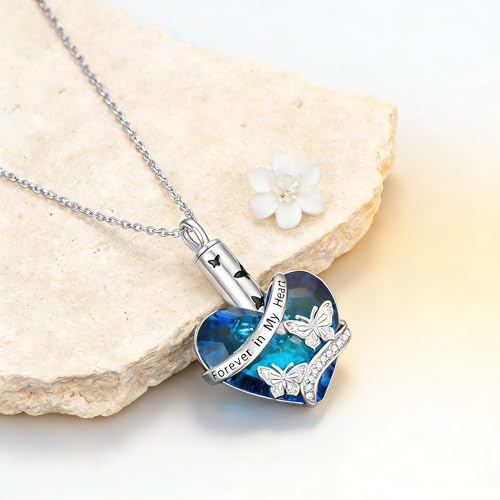 Urn Necklace for Women Sterling Silver Meaningful Memorial Jewelry | Paw Print/Butterfly/Dragonfly/Bird/Dolphin/Mountain/Tree of Life Urn Necklace for Ashes Cremation Keepsake Jewelry for Women - style: Heart-Butterfly