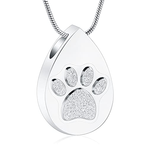 Droplet Shape Cremation Jewelry for Dog/Cat Paw Print for Ashes Keepsake Memorial Urn Pendant Necklace with Stainless Chain and Fill Kits for Men Women - color: Silver
