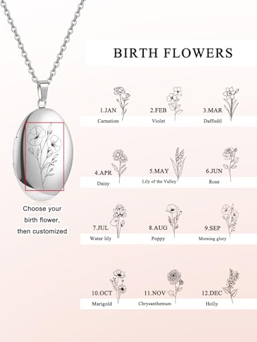 Custom Photo Locket Necklace Women Personalized Text Birth Flower Necklace that Hold Picture Stainless Steel Memorial Jewelry for Mothers Day Christmas - color: Silver