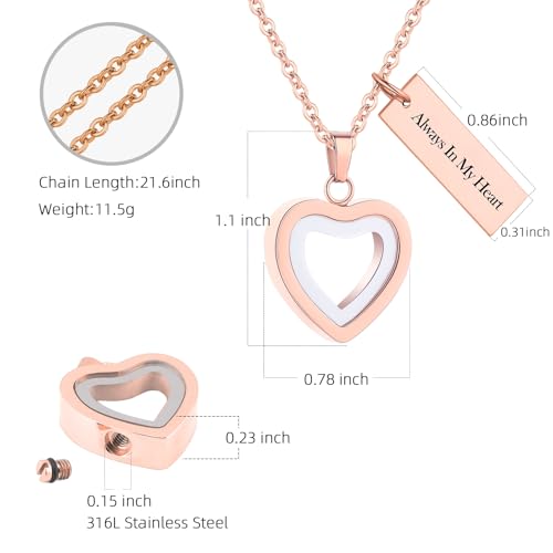 Glass Heart Cremation Urn Necklace for Ashes Stainless Steel Memorial Ash Pendant Keepsake Jewelry Cremation Jewelry for Women - color: Rose Gold-Always In My Heart