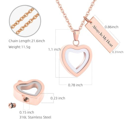 Glass Heart Cremation Urn Necklace for Ashes Stainless Steel Memorial Ash Pendant Keepsake Jewelry Cremation Jewelry for Women - color: Rose Gold-Always In My Heart